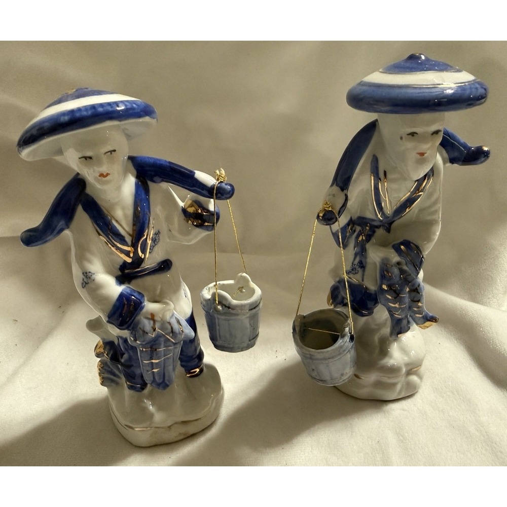 Vintage Japanese Blue & White Porcelain Figurines Oriental Hand Painted Buckets